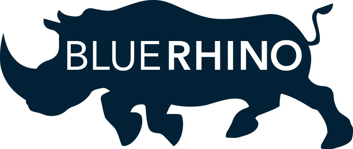 Blue Rhino logo: a charging navy rhino with the brand name