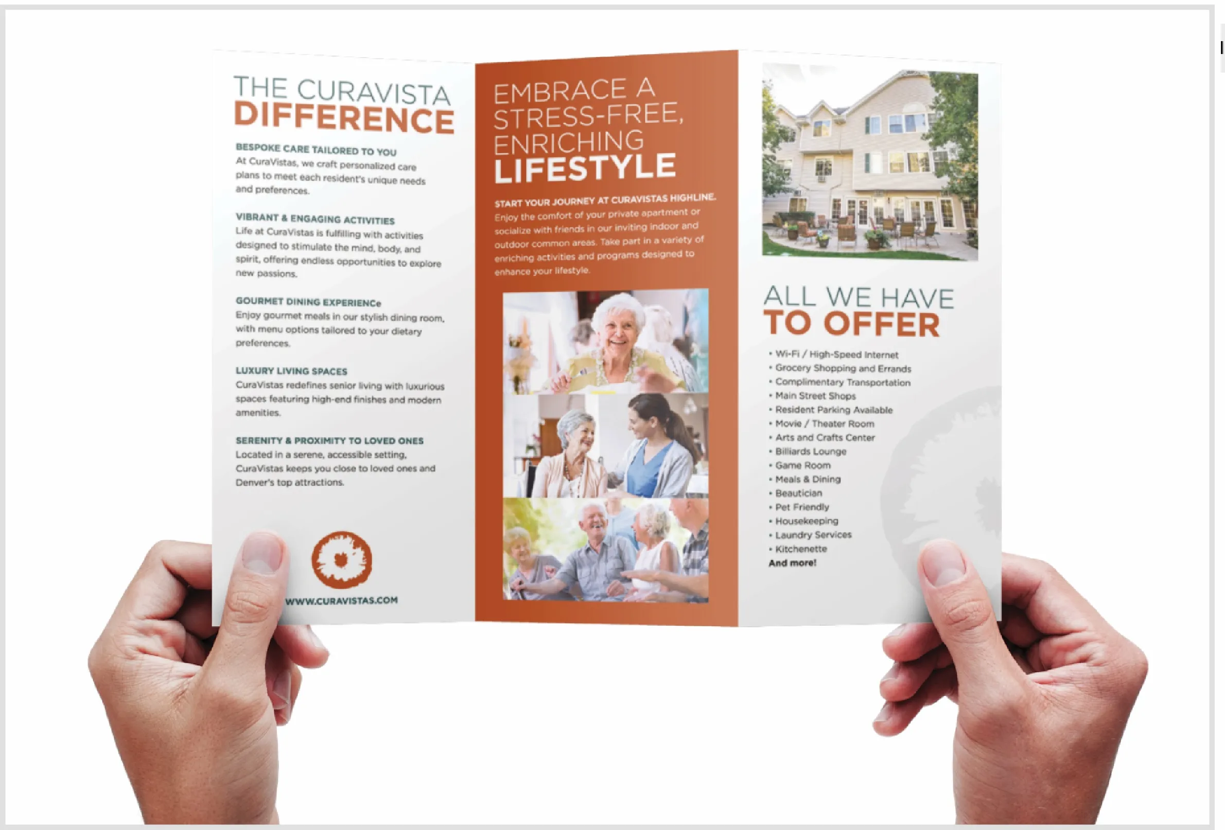 Open CuraVistas brochure titled The CuraVista Difference, held in two hands