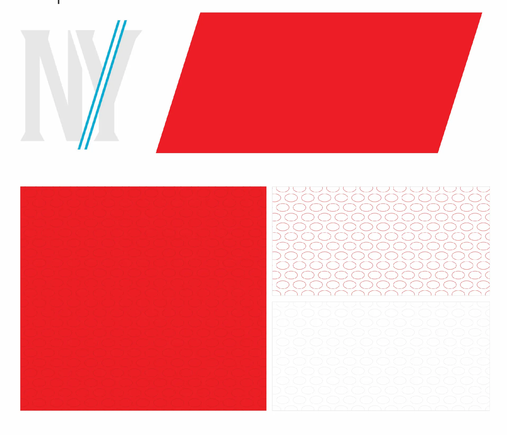 NYSC graphic elements: NY monogram with blue slash, red parallelogram, solid red field, and a subtle icon pattern