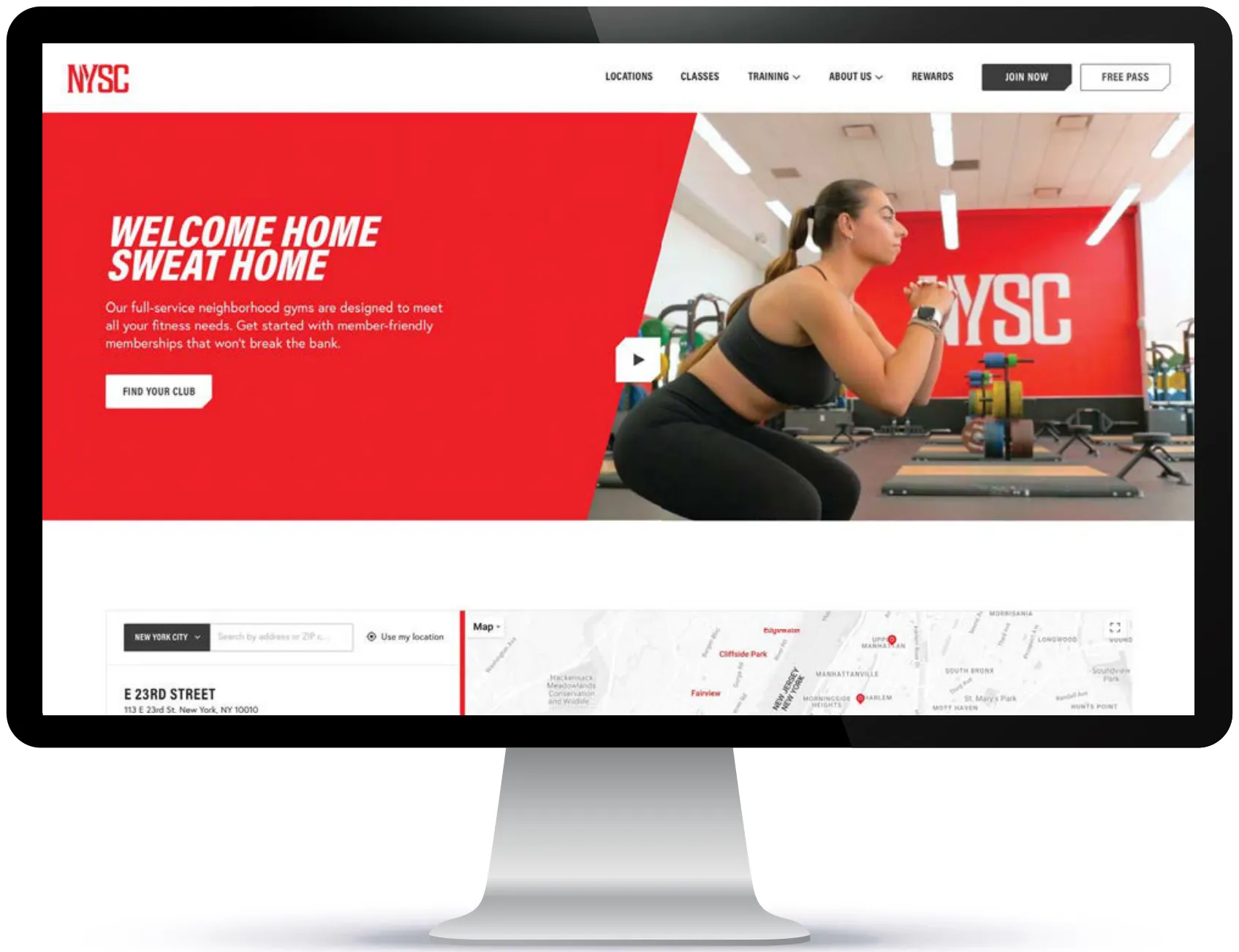 NYSC homepage on a desktop monitor with the headline Welcome Home, Sweat Home over a red panel and a club location finder