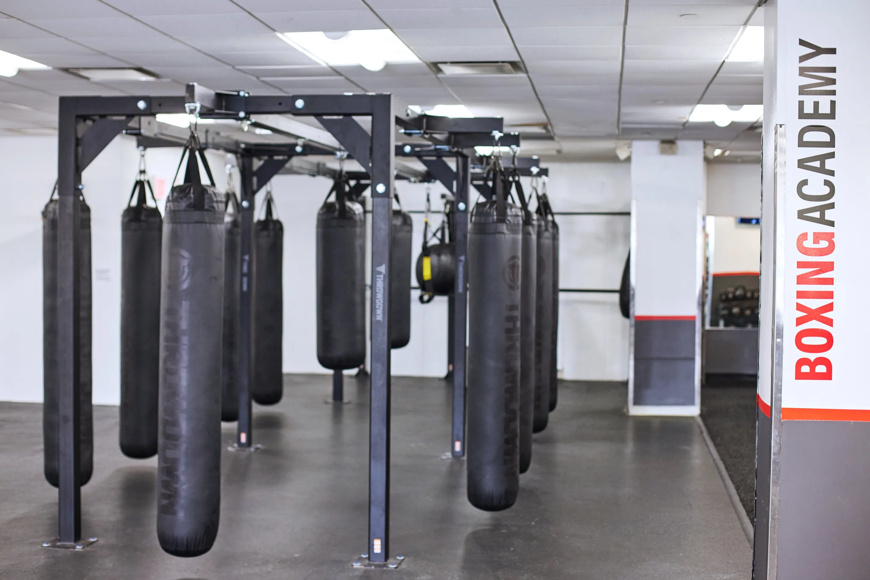 Boxing studio with heavy bags and vertical Boxing Academy signage