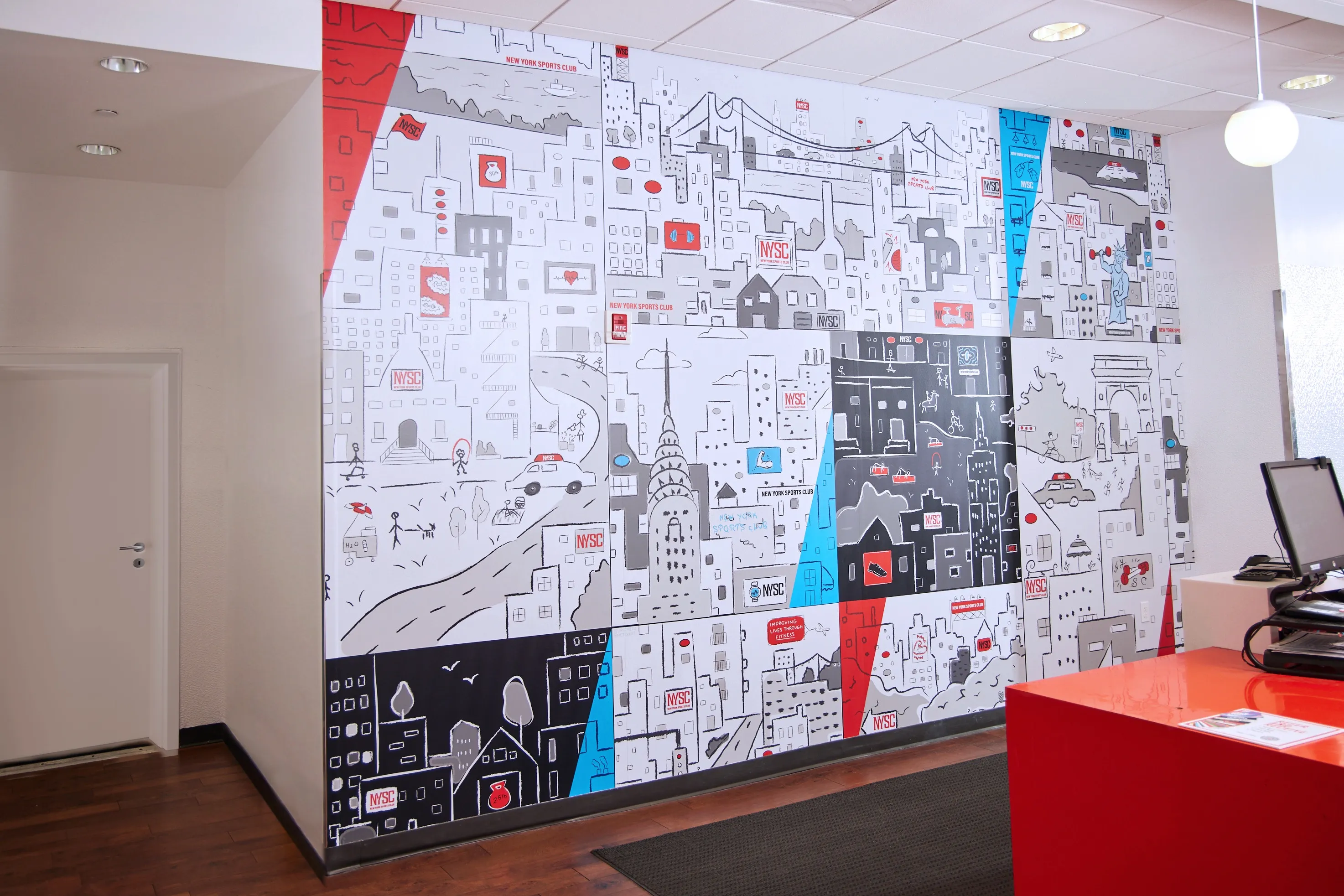 Custom illustrated New York City mural in an NYSC club