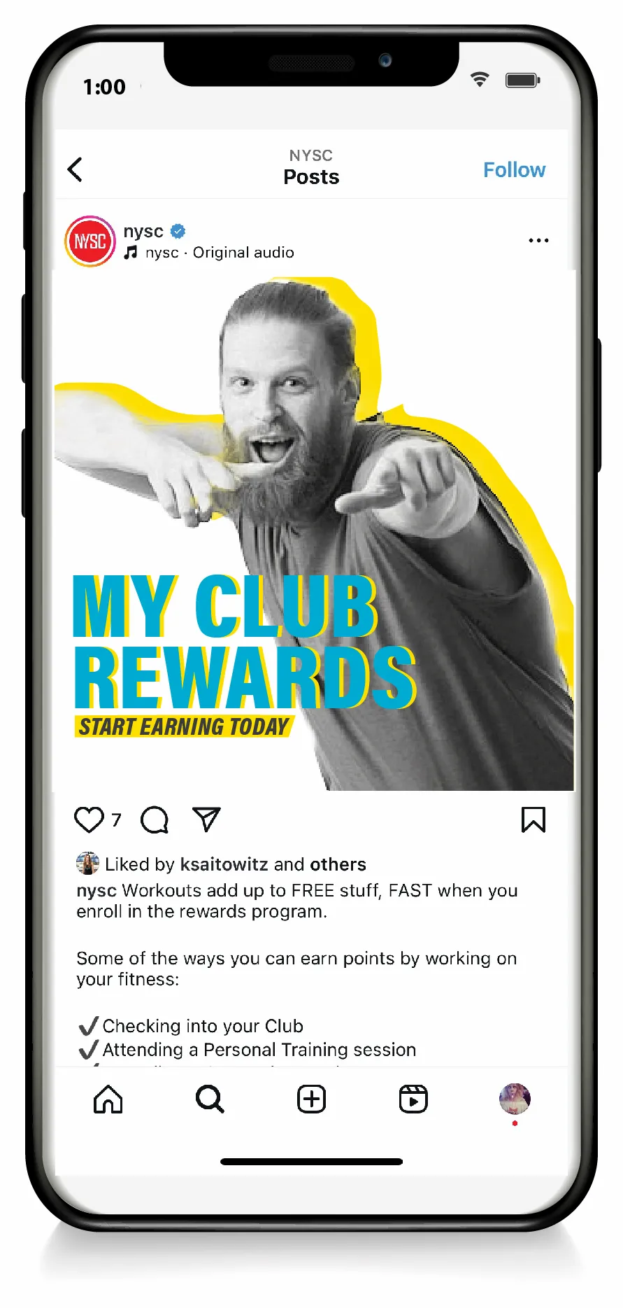 NYSC Instagram post on a phone: My Club Rewards, start earning today