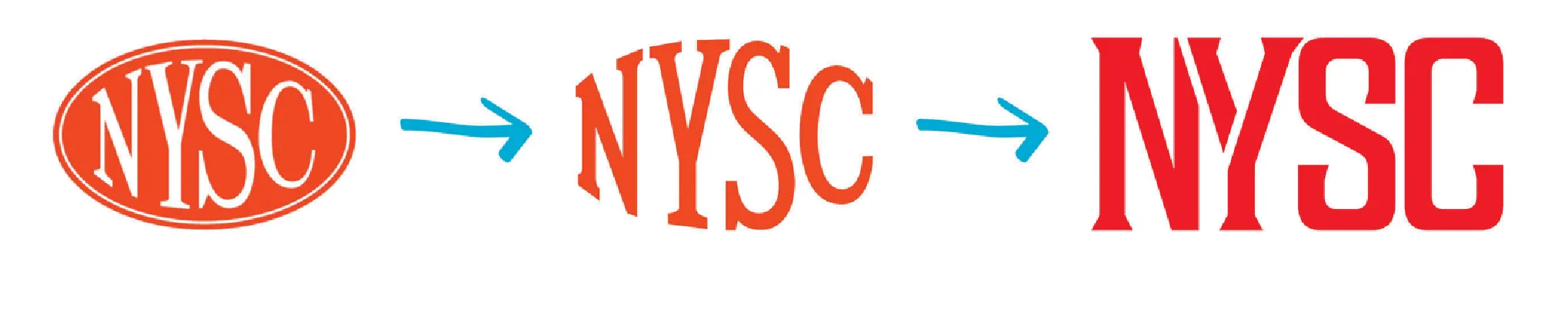 NYSC logo evolution: the original oval badge, an interim wordmark, and the final bold condensed NYSC wordmark