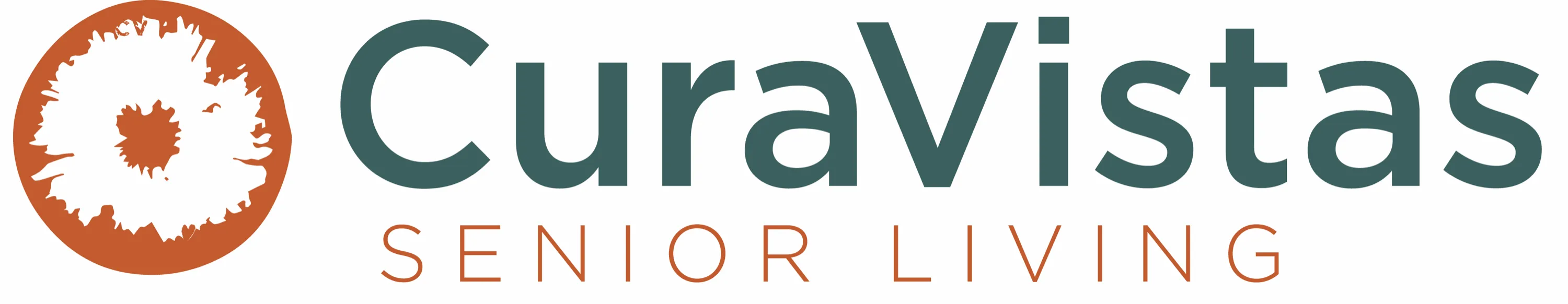 CuraVistas Senior Living logo: an orange abstract eye mark beside the teal CuraVistas wordmark