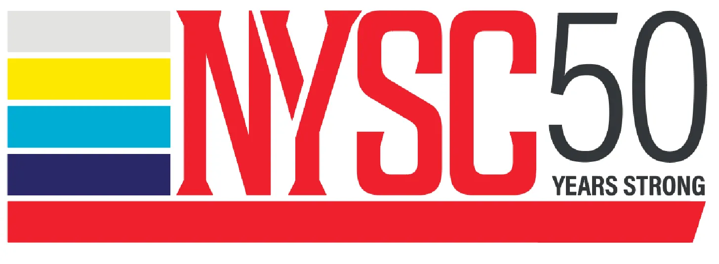 NYSC 50 Years Strong anniversary logo with color stripes