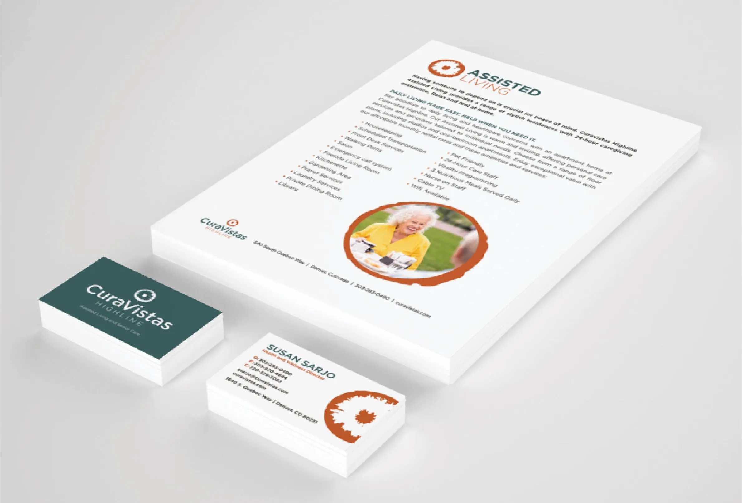 CuraVistas stationery: letterhead and teal and white business cards