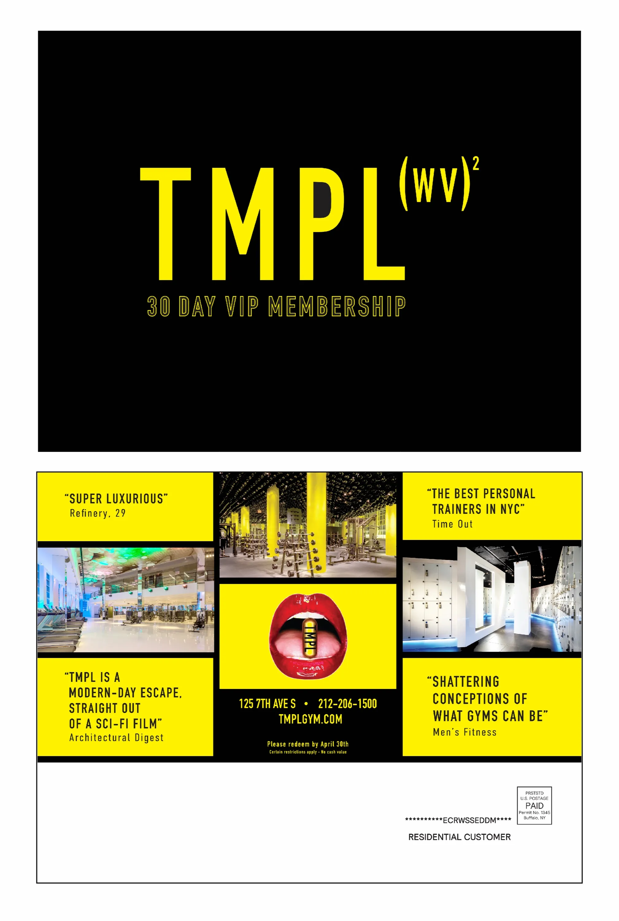 TMPL 30 Day VIP Membership mailer in black and yellow with press quotes