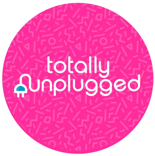 Totally Unplugged logo: white lettering in a pink patterned circle