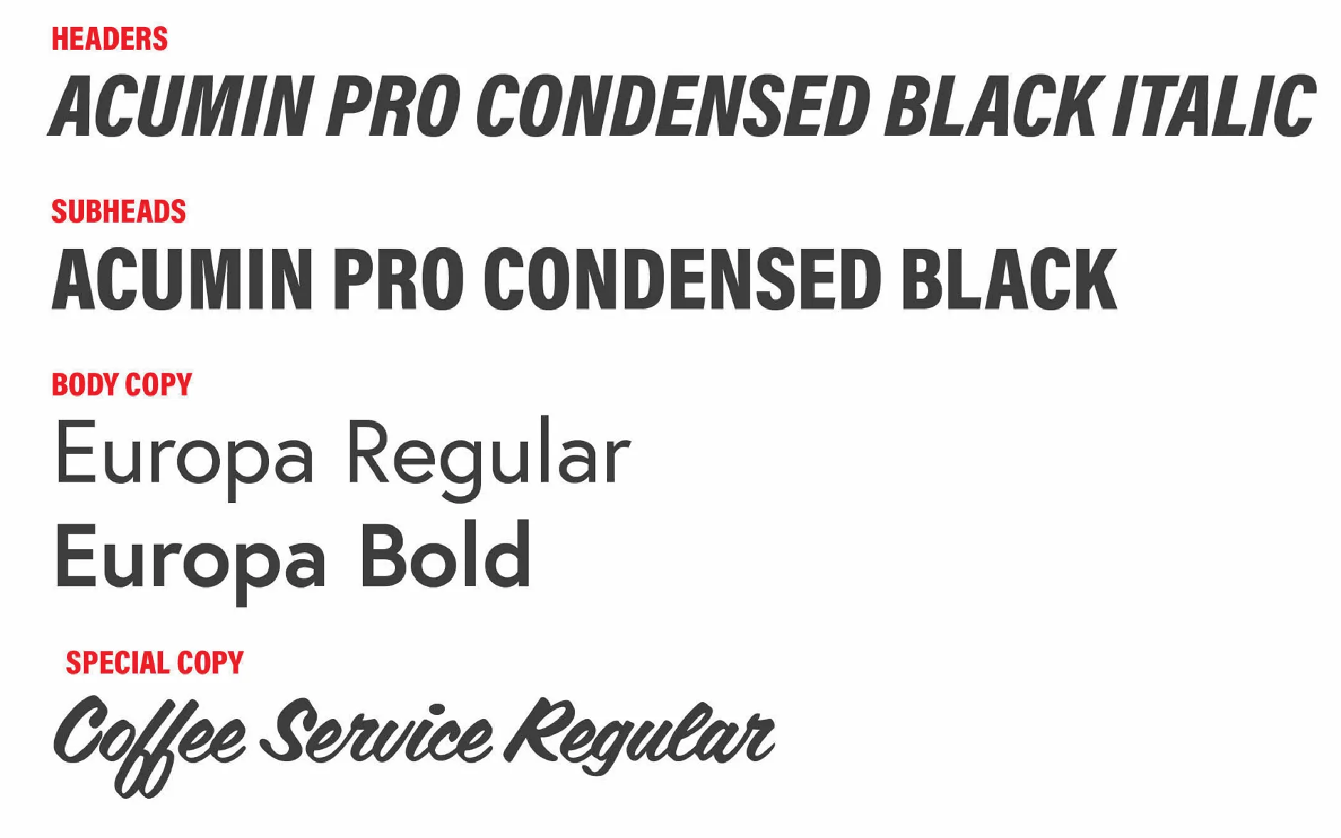 Type specimen showing Acumin Pro Condensed Black Italic, Acumin Pro Condensed Black, Europa Regular, Europa Bold, and Coffee Service Regular