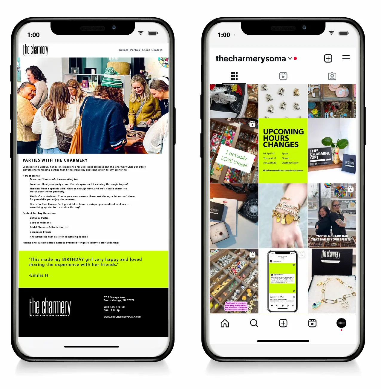 Two phones showing The Charmery website parties page and its Instagram grid