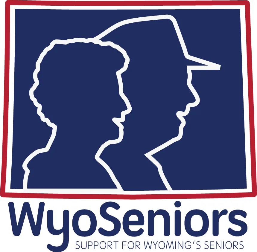 WyoSeniors logo: two profile silhouettes inside the outline of Wyoming